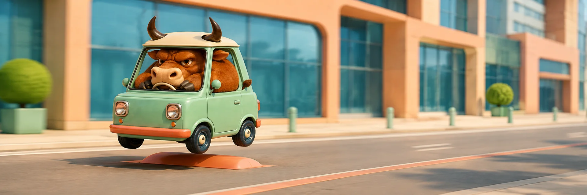 Kei Bull&rsquo;s microcar completely airborne over a painted speed bump on a city street.